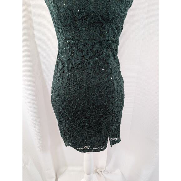 B. DARLIN! EMERALD GREEN STRETCH LACE MINI SEQUIN SQUIGGLES SHEATH DRESS! SZ 5/6 - Picture 4 of 10